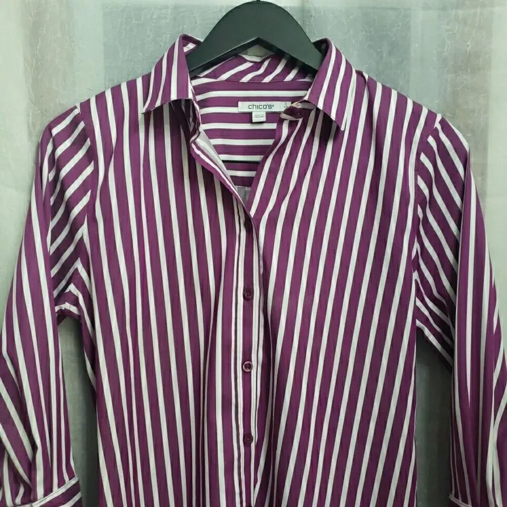 Chico's Women Striped Long Sleeve Button-Up Shirt Multicolor Size 0 US S